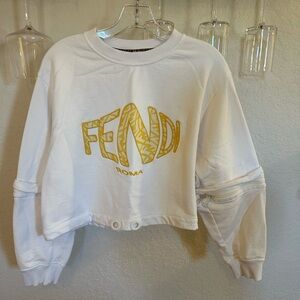 Fendi White Cropped Sweatshirt with Yellow Logo